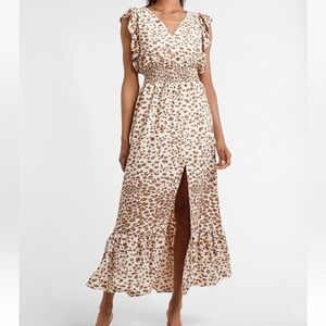 Express Leopard Print Maxi Dress Smocked with Flutter Sleeves and Slit